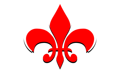Red fleur-de-lis emblem with white accents, symbolizing heritage and elegance.