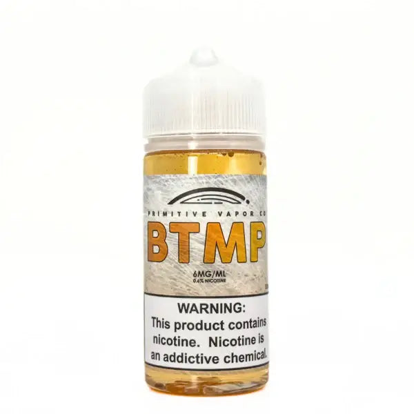 Primitive Vapor Co. BTMP Buttermilk Pie e-liquid 100ML bottle with nicotine warning label.
