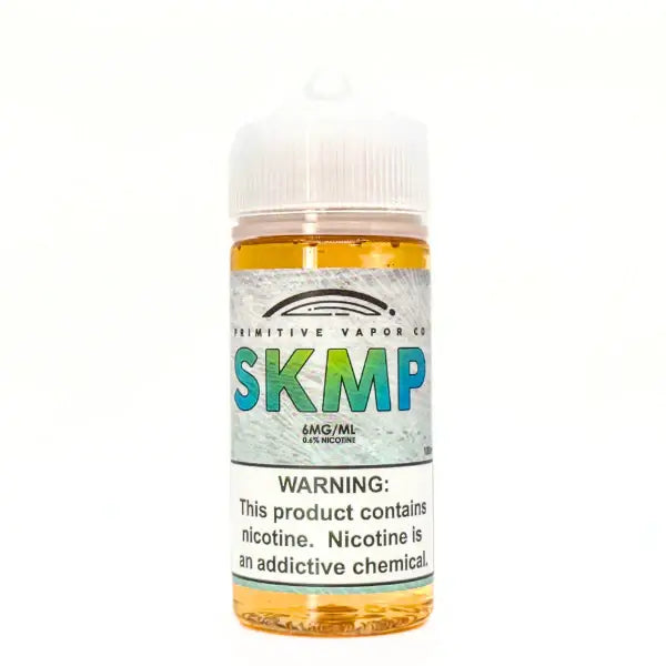 Primitive 100ML SKMP vape juice with peanut butter and buttermilk pie flavor, featuring a nicotine warning label.