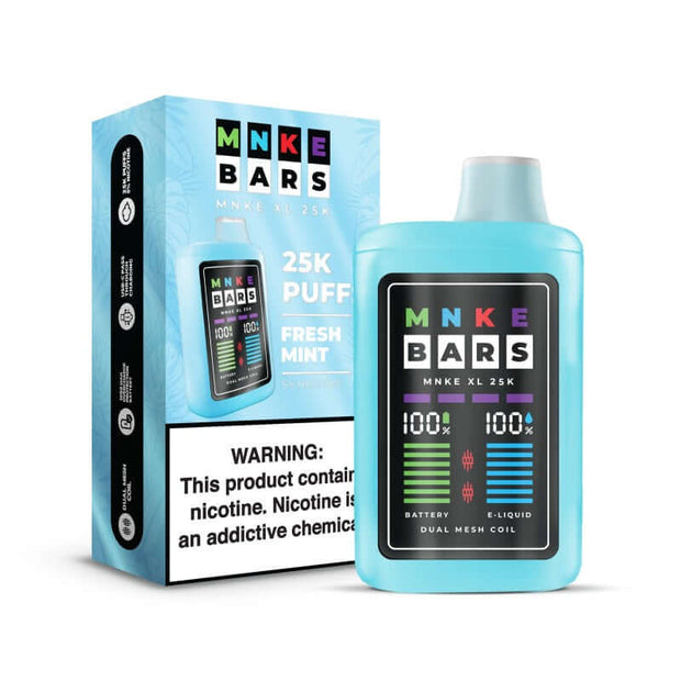 MNKE Disposable 25k XL device featuring Fresh Mint flavor, LED display, and battery indicators.