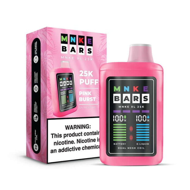 MNKE Disposable 25k device in Pink Burst flavor with vibrant LED display and packaging.