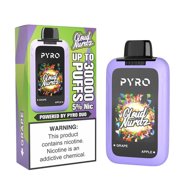 Cloud Nurdz Pyro Disposable 30k with Grape and Apple flavors, 5% nicotine, warning label included.