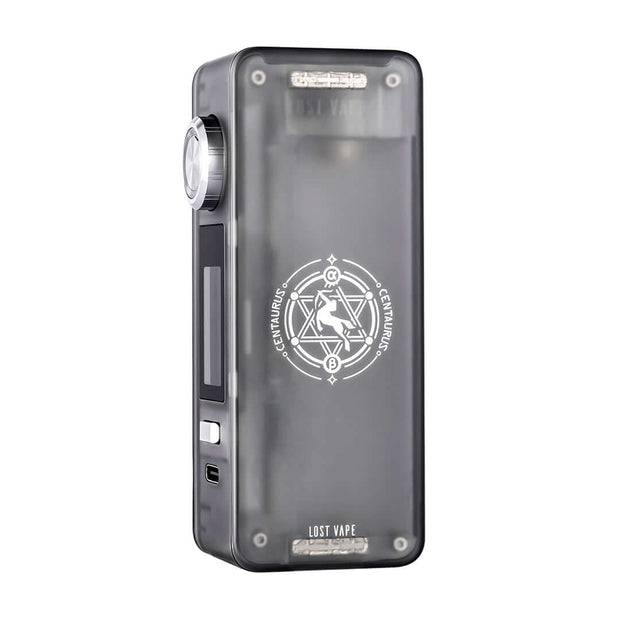 Lost Vape Centaurus N100 Mod in transparent matte design, showcasing 100W output and 0.96" TFT display.