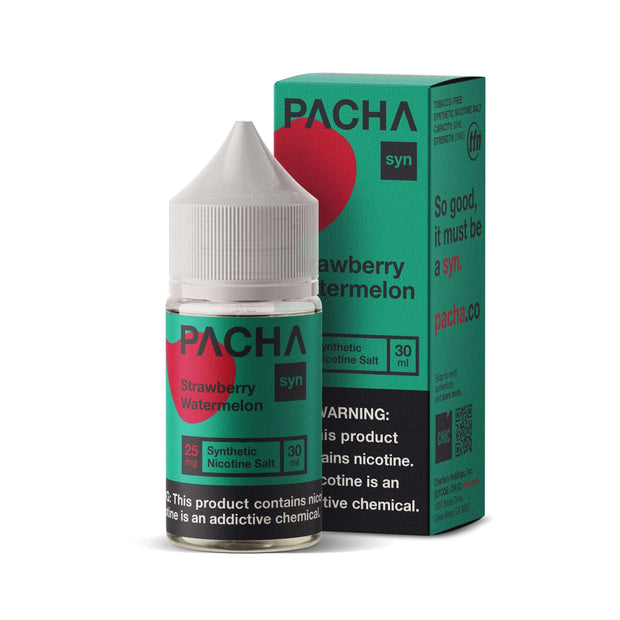 Pacha Strawberry Watermelon nicotine salt e-liquid bottle and packaging, 30ml, 25mg nicotine.