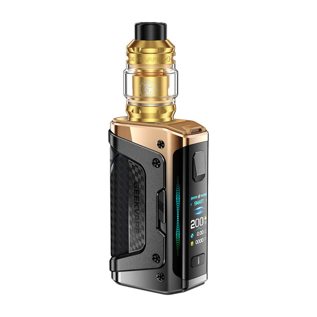 Geek Vape Aegis Legend 5 Kit in black and gold, showcasing rugged design and power for outdoor enthusiasts.