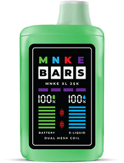MNKE 25k XL disposable vape with LED display, battery level, and dual mesh coil features.
