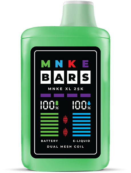 MNKE 25k XL disposable vape with LED display, battery level, and dual mesh coil features.