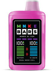 MNKE 25k disposable vape device with LED display, showing battery and e-liquid levels.