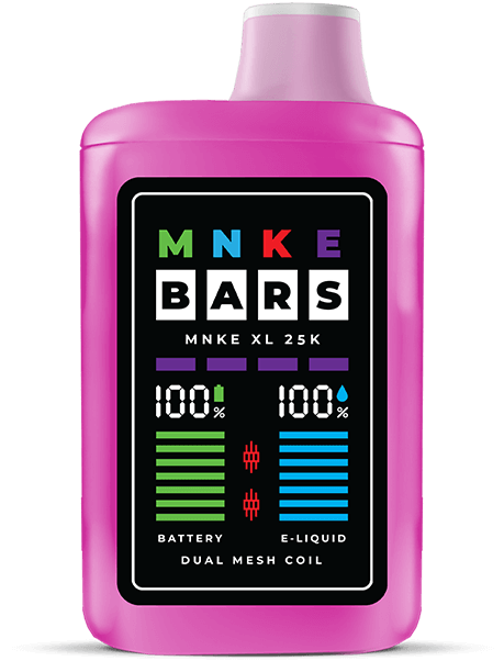 MNKE 25k disposable vape device with LED display, showing battery and e-liquid levels.